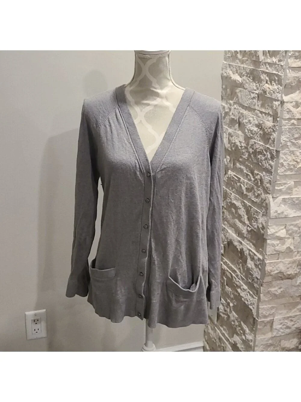 Kate Spade long grey vneck button up cardigan with bow cuffs cashmere bl…